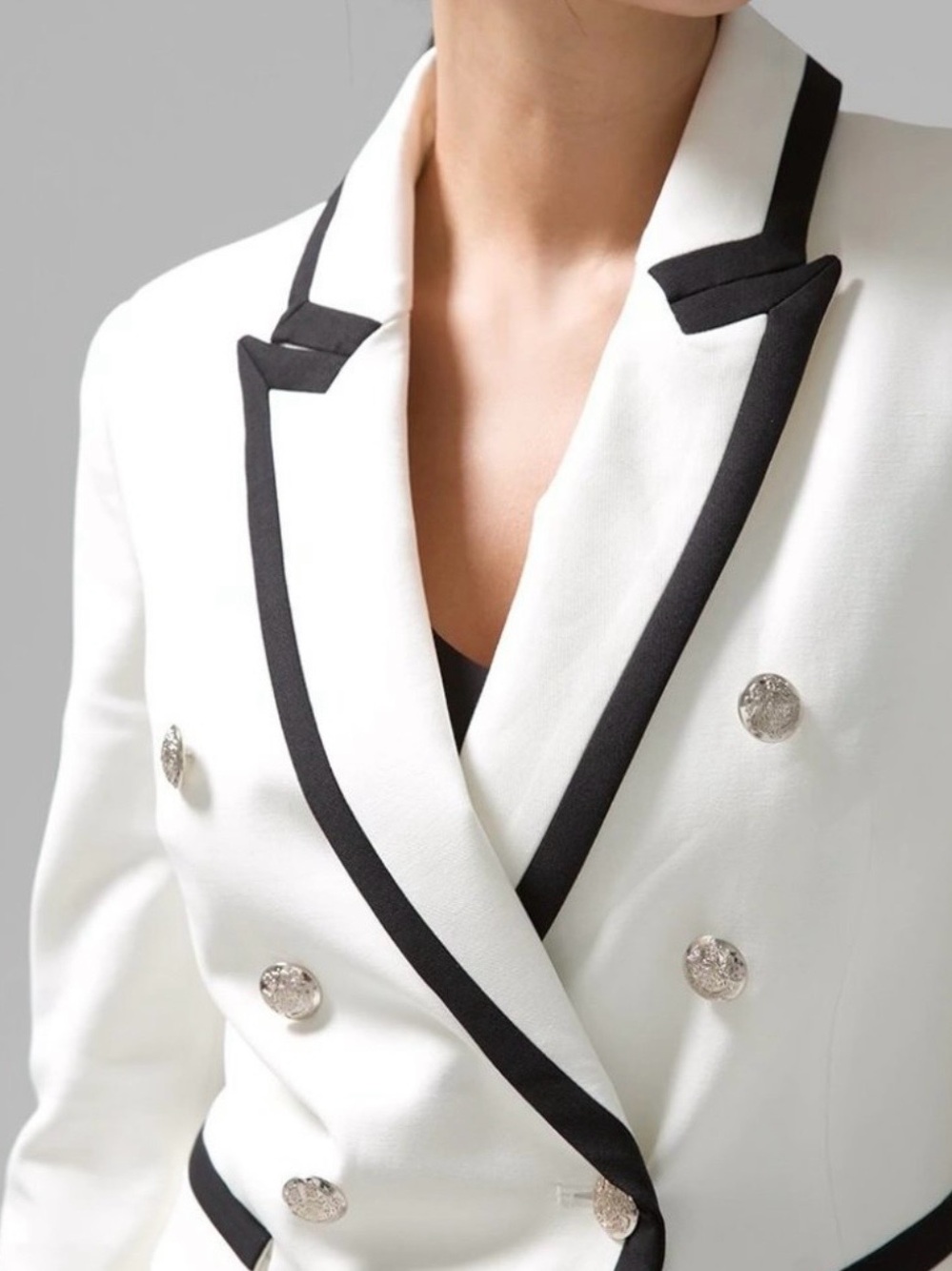 White House Black Market Cream Double-Breasted Blazer with Black Trim size 12 - Picture 4 of 11